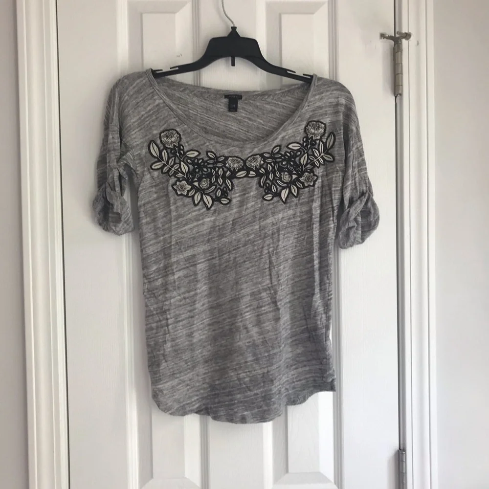 J. Crew Gray Crew Neck Embroidered Floral Top